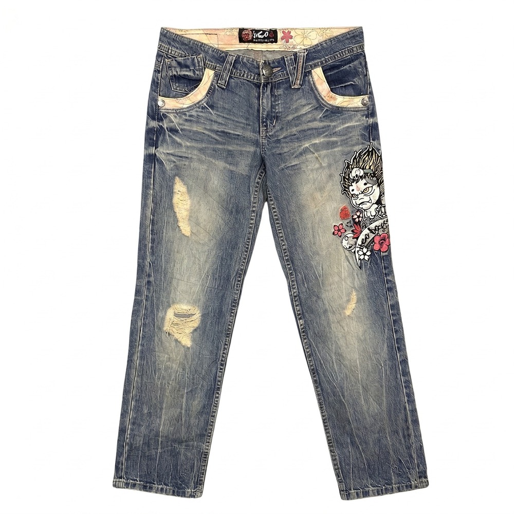 Jizo-Bosatsu Nippon Blue Jeans 28 Y2K Japanese Embroidered Distressed Denim